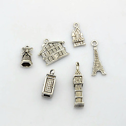 Antique Silver Vintage Alloy Building Pendants, Eiffel Tower, Castle, Telephone Booth, Windmill, Big Ben and House Charms, Lead Free, Antique Silver, 20~36x10~24.5x2~8mm, Hole: 1.5~2.5mm, 6pcs/set