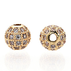 Golden Rack Plating Brass Cubic Zirconia Beads, Long-Lasting Plated, Round, Golden, 6x6mm, Hole: 1.5mm