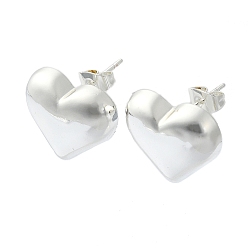 Silver Heart Brass Stud Earrings, Long-Lasting Plated, Silver, 16x18mm