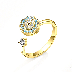 Golden Evil Eye Adjustable Opening Brass Cubic Zirconia Ring, Cuff Rings, Rotating Ring, Golden, 9mm