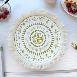 Olive Bohemia Polyester Coaster Mats, Tassel Hot Pads, for Cooking Baking, Flat Round with Flower Pattern, Olive, 320mm
