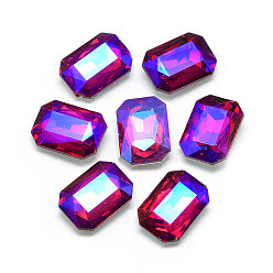 Red Pointed Back Glass Rhinestone Cabochons, Back Plated, Faceted, AB Color Plated, Rectangle Octagon, Red, 14x10x4.5mm