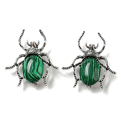 Malachite Dual-use Items Alloy Spider Brooch, with Synthetic Malachite, Antique Silver, 42x38x12~13mm, Hole: 4.5x4mm