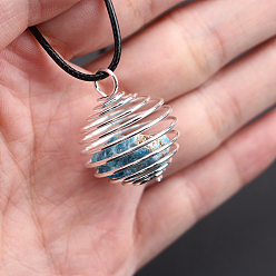 Apatite Natural Apatite Cage Pendant Necklace, Silver Plated Alloy Wire Wrap Necklace with Waxed Cord, 22.83 inch(58cm)