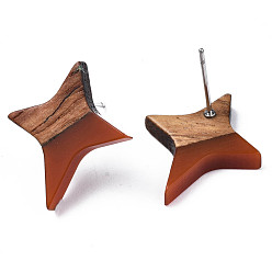 Sienna Resin & Walnut Wood Stud Earrings, with 304 Stainless Steel Pin, Star, Sienna, 21x17~18mm, Pin: 0.7mm
