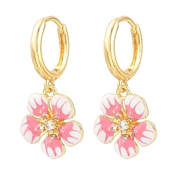 Pearl Pink Brass Micro Pave Cubic Zirconia Hoop Dangle Earrings, with Enamel, Flower, Lead Free & Cadmium Free, Rack Plating, Long-Lasting Plated, Real 18K Gold Plated, Pearl Pink, 30x15mm