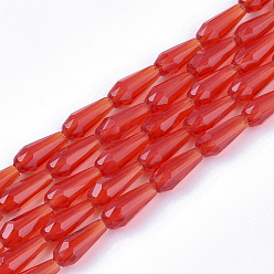 Red Transparent Glass Beads Strands, Faceted, Teardrop, Red, 9~10x4mm, Hole: 1mm, about 72pcs/Strand, 26.38~27.17 inch(67~69cm)