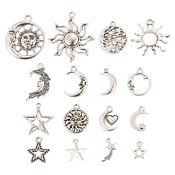 Antique Silver 96Pcs Moon & Sun & Geometry Tibetan Style Alloy Pendants, Celestial Pendants, Antique Silver, 18x10.5x4mm, Hole: 1mm, 6Pcs/Style, 96Pcs/Box