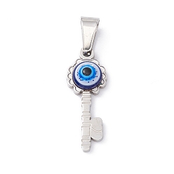 Midnight Blue 304 Stainless Steel Resin Pendants, Key Charms with Evil Eye, Stainless Steel Color, Midnight Blue, 23x8.5x4mm, Hole: 6.5x3mm