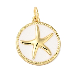 Белый Подвески из латуни с эмалью в стойку, с целью перехода в кольце, долговечный, без свинца и без кадмия, реальный 18 k позолоченный, плоская круглая с подвеской в виде морской звезды, белые, 17.5x15x1.5 мм, отверстие : 3 мм