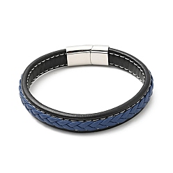 Royal Blue Cowhide Braided Flat Cord Bracelet with 304 Stainless Steel Magnetic Clasps, Gothic Jewelry for Men Women, Royal Blue, 9-5/8 inch(24.5cm)