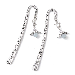 Antique Silver Angel Star Alloy Hook Bookmarks, with ABS Plastic Imitation Pearl Beads, Antique Silver, 123x20.5x2.5mm, 2pcs/set