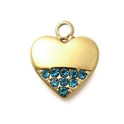 Бермудские Голубой 304 подвески из нержавеющей стали, со стразами, ионное покрытие (ip), сердце, реальный 14 k позолоченный, Бермуды синий, 12x10x2 мм, отверстие : 1.8 мм