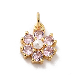 Pink Rack Plating Brass Micro Pave Cubic Zirconia Charms, with Pearl, Cadmium Free & Lead Free, Real 18K Gold Plated, Flower, Pink, 12.5x10.5x4mm, Hole: 3.6mm