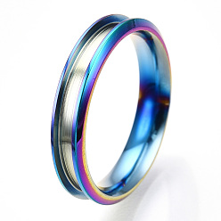 Rainbow Color 201 Stainless Steel Grooved Finger Ring for Women, Rainbow Color, Inner Diameter: 16mm, Wide: 4mm