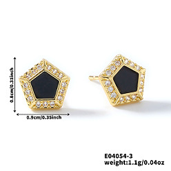 Черный Латунные серьги-гвоздики с прозрачным кубическим цирконием в форме пятиугольника, золотые, чёрные, 8x9 мм