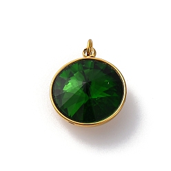 Темно-Зеленый 316 подвески из граненого стекла из нержавеющей стали, плоско-круглые, ионное покрытие (ip), реальный 18 k позолоченный, с петлей, темно-зеленый, 15.5x13.5x7 мм, отверстие : 2.5 мм