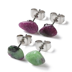 Рубин В Цоизита Серьги-гвоздики с натуральным рубином в форме необработанных самородков и цоизита, 304 серьги из нержавеющей стали для женщин, 7~10x5~8 мм