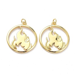 Real 18K Gold Plated Brass Pendants, with Jump Ring, Long-Lasting Plated, Flat Round with Fire, Real 18K Gold Plated, 27.5x25x2mm, Jump Ring: 5x1mm, 3mm Inner Diameter