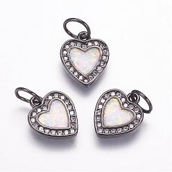 Gunmetal Brass Micro Pave Cubic Zirconia Charms, with Synthetic Opal, Heart, Gunmetal, 12x10x2mm, Hole: 4mm