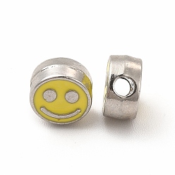 Gold Rack Plating Alloy Enamel Beads, Cadmium Free & Nickel Free & Lead Free, Flat Round with Smiling Face Pattern, Platinum, Gold, 7.5x4mm, Hole: 2mm