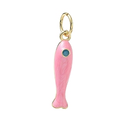 Pink Colgantes de esmalte de bronce, encantos de pescado, con anillo de salto, larga duración plateado, chapado en rack, sin plomo y el cadmio, real 18 k chapado en oro, rosa, 27x6x7 mm, agujero: 6 mm