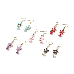 Mixed Color Rhinestones Flower with Glass Pearl Dangle Earrings, Gold Plated 304 Stainless Steel Jewelry for Women, Mixed Color, 50mm, Pin: 0.6mm
