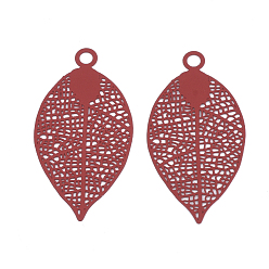 Red 430 Stainless Steel Filigree Pendants, Spray Painted, Etched Metal Embellishments, Leaf, Red, 38x19x0.4mm, Hole: 2.4mm