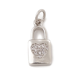 Platinum Brass Micro Pave Clear Cubic Zirconia Pendants, with Open Jump Rings, Lock Charms with Heart Pattern, Platinum, 16x7x2mm, Jump Ring: 4.5x0.7mm, Inner Diameter: 3mm 