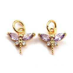 Purple Brass Micro Pave Cubic Zirconia Charms, Real 18K Gold Plated, Cadmium Free & Lead Free, Autumn Pendants, Dragonfly, Purple, 10x10.5x3mm, Hole: 3.8mm
