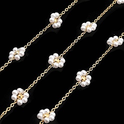Golden ABS Plastic Pearl Beaded Flower Link Chains, with Golden 304 Stainless Steel Cable Chains, Soldered, with Spool, Golden, 8.5x9x3mm, 8x8.5x3mm, about 32.81 Feet(10m)/Roll