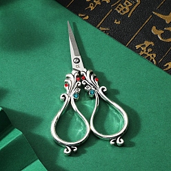 Antique Silver Stainless Steel Scissors, Embroidery Scissors, Sewing Scissors, with Zinc Alloy Rhinestone Handle, Antique Silver, 100mm
