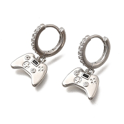 Черный Латунные микро проложить серьги обруча кубического циркония, стойки покрытие, долговечный, без кадмия и без свинца, игровой автомат, платина, чёрные, 21.5x12 мм