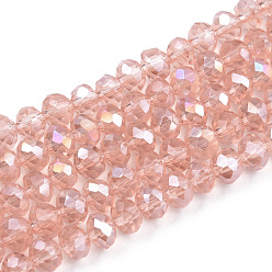 Misty Rose Electroplate Glass Beads Strands, AB Color Plated, Faceted, Rondelle, Misty Rose, 4x3mm, Hole: 0.4mm, about 123~127pcs/strand, 16.5~16.9 inch(42~43cm)
