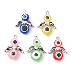 Antique Silver Evil Eye Resin Bead Pendants, Angel Charms with Alloy Wings, Antique Silver, 25.5x20x5~5.5mm, Hole: 1.6mm