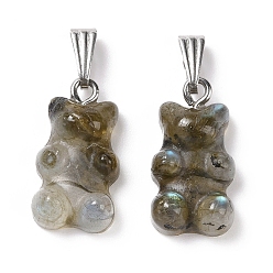 Labradorite Natural Labradorite Pendants, with Stainless Steel Color Tone 201 Stainless Steel Findings, Bear, 27.5mm, Hole: 2.5x7.5mm, Bear: 21x11x6.5mm