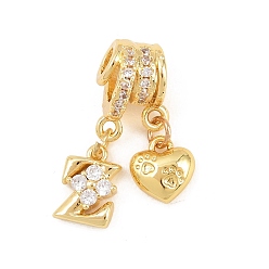 Letter Z Латунные микропаве прозрачные подвески с фианитом, сердце прелести, долговечный, стойки покрытие, без кадмия и без свинца, реальный 18 k позолоченный, Письмо Z, 23.5 мм, отверстия : 3 mm и 4 мм, Сердце: 8.5x8x3.5 mm, Письмо: 10x7x3.5 мм