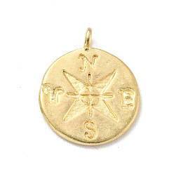 Golden Brass Charms, Flat Round with Compass, Golden, 12.5x10.5x1mm, Hole: 1.2mm