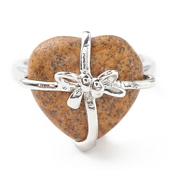 Picture Jasper Natural Picture Jasper Heart with Bowknot Adjustable Ring, Platinum Plated Brass Jewelry for Women, Cadmium Free & Lead Free, Inner Diameter: 16.7~21.2mm