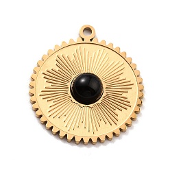 Black Onyx Natural Black Onyx Pendants, with Ion Plating(IP) 304 Stainless Steel Findings, Real 24K Gold Plated, Dyed & Heated, Flat Round, 20x18x3mm, Hole: 1.4mm