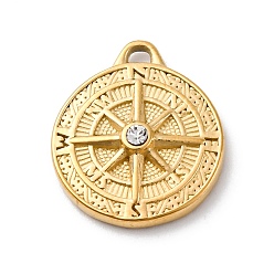 Кристалл 304 из нержавеющей стали горный хрусталь подвески, ионное покрытие (ip), реальный 14 k позолоченный, плоский круглый с подвеской в виде компаса, кристалл, 18.5x16x4 мм, отверстие : 1.5 мм