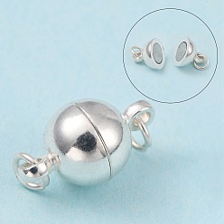Silver Brass Magnetic Clasps with Loops, with Open Jump Rings, Nickel Free, Round, Silver Color Plated, 14x8mm, Hole: 2mm