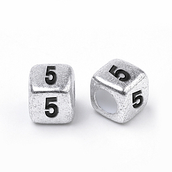 Number Perles acryliques antiques plaquées argent, cube avec numéro noir, num. 5, 6mm, Trou: 3mm, environ150000 pcs / 25000 g