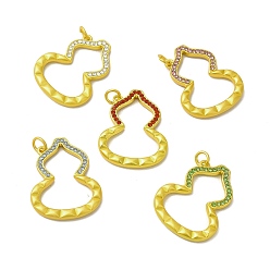 Mixed Color Rack Plating Alloy Rhinestone Pendants with Jump Ring, Gourd Charms, Matte Gold Color, Mixed Color, 30.5x26x3.5mm, Hole: 4mm