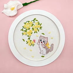 Yellow Flower Cat Pattern DIY Embroidery Starter Kit with Instruction Book, Embroidery Fabric & Bamboo Hoops & Thread and Needle, Easy Stamped Fabric Hand Crafts, Yellow, 200mm