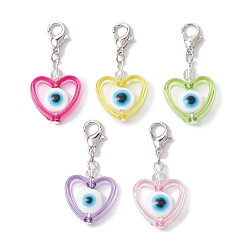 Mixed Color Heart with Evil Eye Resin & Acrylic Pendant Decorations, with Alloy Lobster Claw Clasps, Mixed Color, 33mm