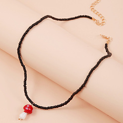 Black Resin Mushroom Pendant Necklace with Beaded Chains for Women, Black, 17.32 inch(44cm)