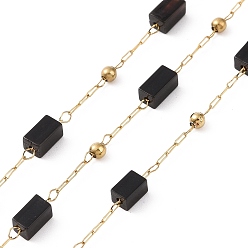 Black Agate Natural Black Onyx Rectangle Beaded Chains, with Golden 304 Stainless Steel Findings, Unwelded, 4~4.5x2~2.5x2~2.5mm