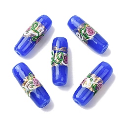 Королевский синий Handmade стеклянные бусины фольги, колонна с цветком розы, королевский синий, 29~30x10~10.5 мм, отверстие : 1.4 мм