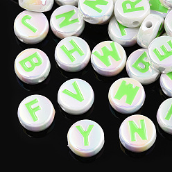 Lawn Green UV Plating Enamel Acrylic Beads, Iridescent, Mixed Letter, Flat Round, Lawn Green, 15x7mm, Hole: 2.2mm